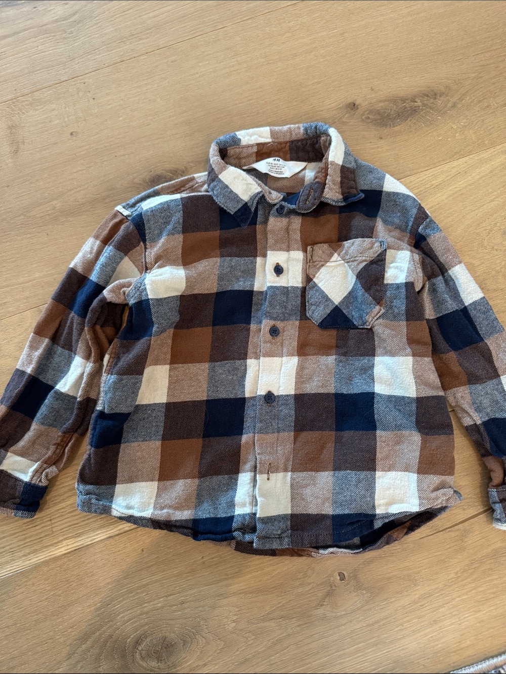H&M Boys Brown Navy Cream Plaid Button-Down Shirt